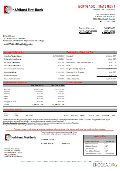 Congo Afriland First Bank relevé hypothécaire scr